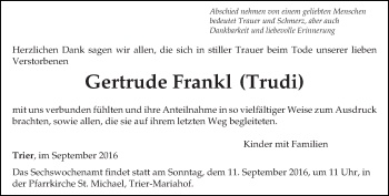 Todesanzeige von Gertrude Frankl von trierischer_volksfreund