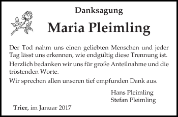 Todesanzeige von Maria Pleimling von trierischer_volksfreund