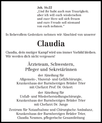 Todesanzeige von Claudia  von trierischer_volksfreund