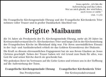 Todesanzeige von Brigitte Maibaum von trierischer_volksfreund