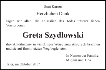 Todesanzeige von Greta Szydlowski von trierischer_volksfreund