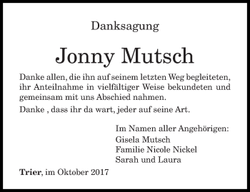 Todesanzeige von Jonny Mutsch von trierischer_volksfreund