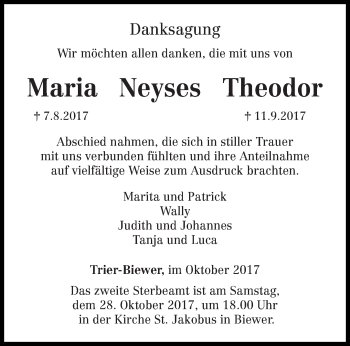 Todesanzeige von Maria und Theodor Neyses von trierischer_volksfreund