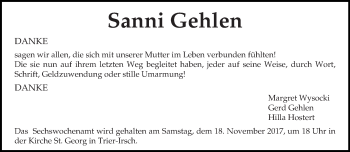 Todesanzeige von Sanni Gehlen von trierischer_volksfreund