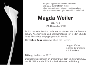 Todesanzeige von Magda Weiler von trierischer_volksfreund