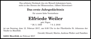 Todesanzeige von Elfriede Weiler von trierischer_volksfreund