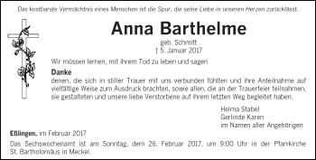 Todesanzeige von Anna Barthelme von trierischer_volksfreund