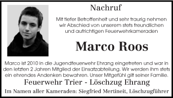 Todesanzeige von Marco Roos von trierischer_volksfreund