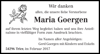 Todesanzeige von Maria Goergen von trierischer_volksfreund