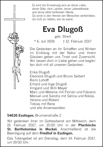 Todesanzeige von Eva Dlugoß von trierischer_volksfreund