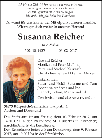 Todesanzeige von Susanna Reicher von trierischer_volksfreund