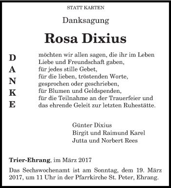 Todesanzeige von Rosa Dixius von trierischer_volksfreund