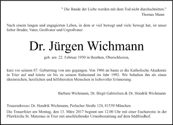 Todesanzeige von Jürgen Wichmann von trierischer_volksfreund