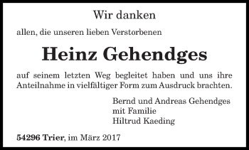 Todesanzeige von Heinz Gehendges von trierischer_volksfreund