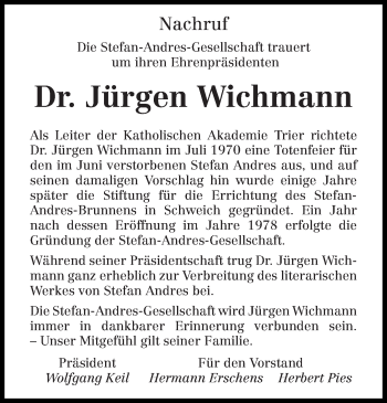 Todesanzeige von Jürgen Wichmann von trierischer_volksfreund