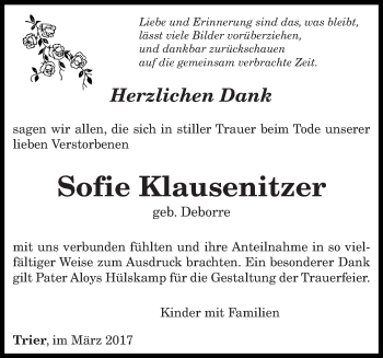 Todesanzeige von Sofie Klausenitzer von trierischer_volksfreund