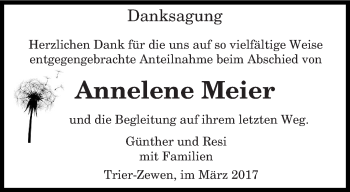 Todesanzeige von Annelene Meier von trierischer_volksfreund