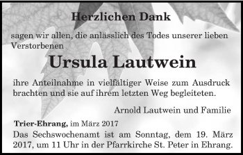 Todesanzeige von Ursula Lautwein von trierischer_volksfreund