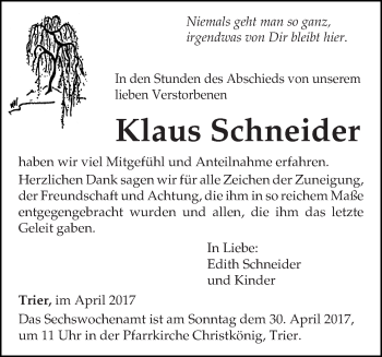 Todesanzeige von Klaus Schneider von trierischer_volksfreund