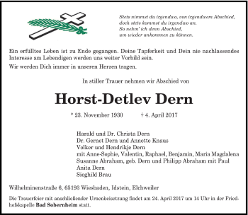 Todesanzeige von Horst-Detlev Dern von trierischer_volksfreund