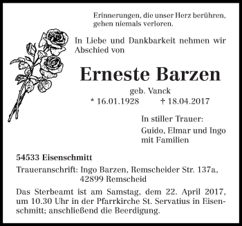 Todesanzeige von Erneste Barzen von trierischer_volksfreund