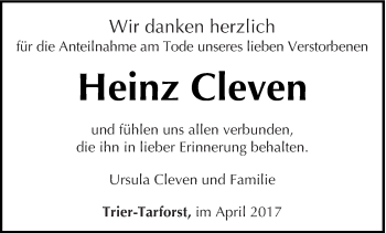 Todesanzeige von Heinz Cleven von trierischer_volksfreund