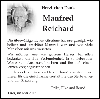 Todesanzeige von Manfred Reichard von trierischer_volksfreund