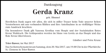 Todesanzeige von Gerda Kranz von trierischer_volksfreund
