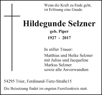 Todesanzeige von Hildegunde Selzner von trierischer_volksfreund