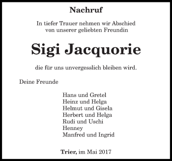 Todesanzeige von Sigi Jacquorie von trierischer_volksfreund