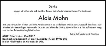 Todesanzeige von Alois Mohn von trierischer_volksfreund