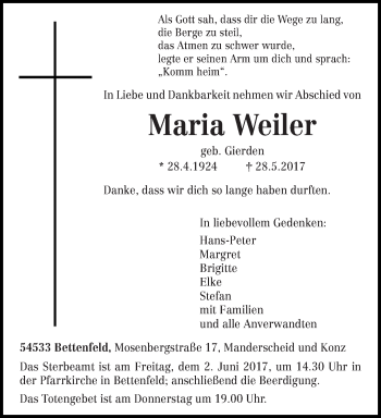 Todesanzeige von Maria Weiler von trierischer_volksfreund