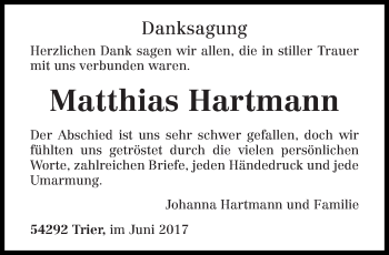 Todesanzeige von Matthias Hartmann von trierischer_volksfreund