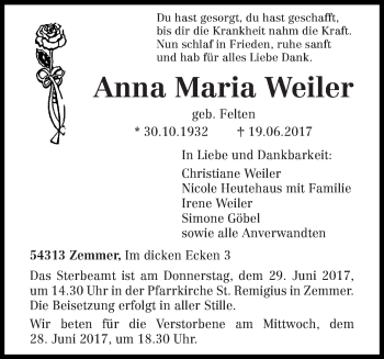 Todesanzeige von Anna Maria Weiler von trierischer_volksfreund