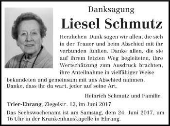 Todesanzeige von Liesel Schmutz von trierischer_volksfreund