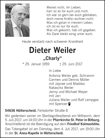 Todesanzeige von Dieter Weiler von trierischer_volksfreund