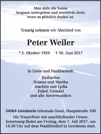 Todesanzeige von Peter Weiler von trierischer_volksfreund