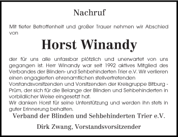 Todesanzeige von Horst Winandy von trierischer_volksfreund