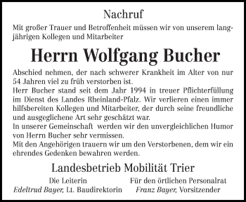 Todesanzeige von Wolfgang Bucher von trierischer_volksfreund