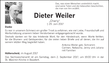 Todesanzeige von Dieter Weiler von trierischer_volksfreund