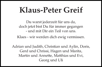 Todesanzeige von Klaus-Peter Greif von trierischer_volksfreund