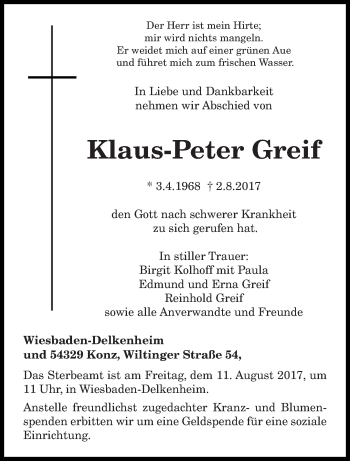 Todesanzeige von Klaus-Peter Greif von trierischer_volksfreund