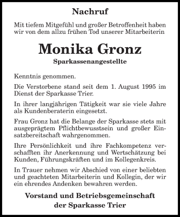 Todesanzeige von Monika Gronz von trierischer_volksfreund