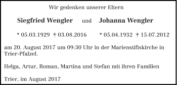 Todesanzeige von Siegfried und Johanna Wengler von trierischer_volksfreund