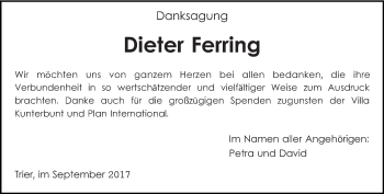 Todesanzeige von Dieter Ferring von trierischer_volksfreund