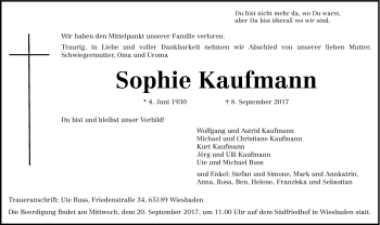 Todesanzeige von Sophie Kaufmann von trierischer_volksfreund