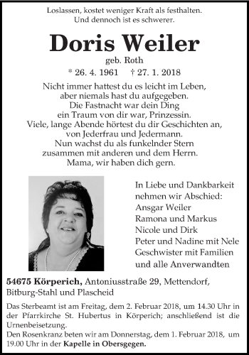 Todesanzeige von Doris Weiler von trierischer_volksfreund