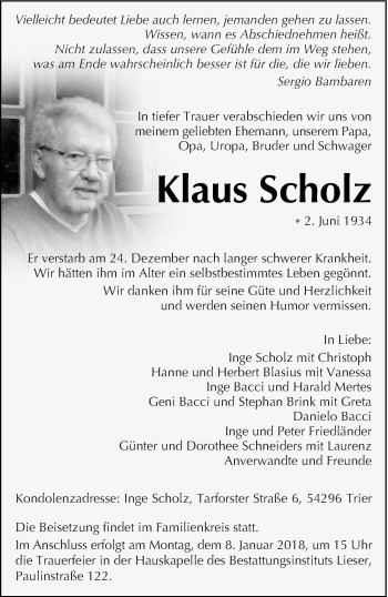 Todesanzeige von Klaus Scholz von trierischer_volksfreund