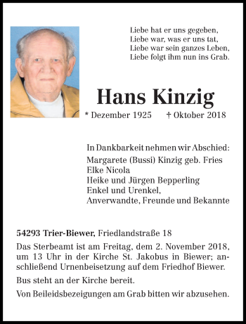 Todesanzeige von Hans Kinzig von trierischer_volksfreund