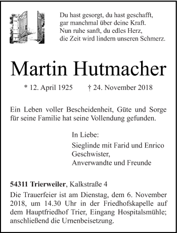 Todesanzeige von Martin Hutmacher von trierischer_volksfreund